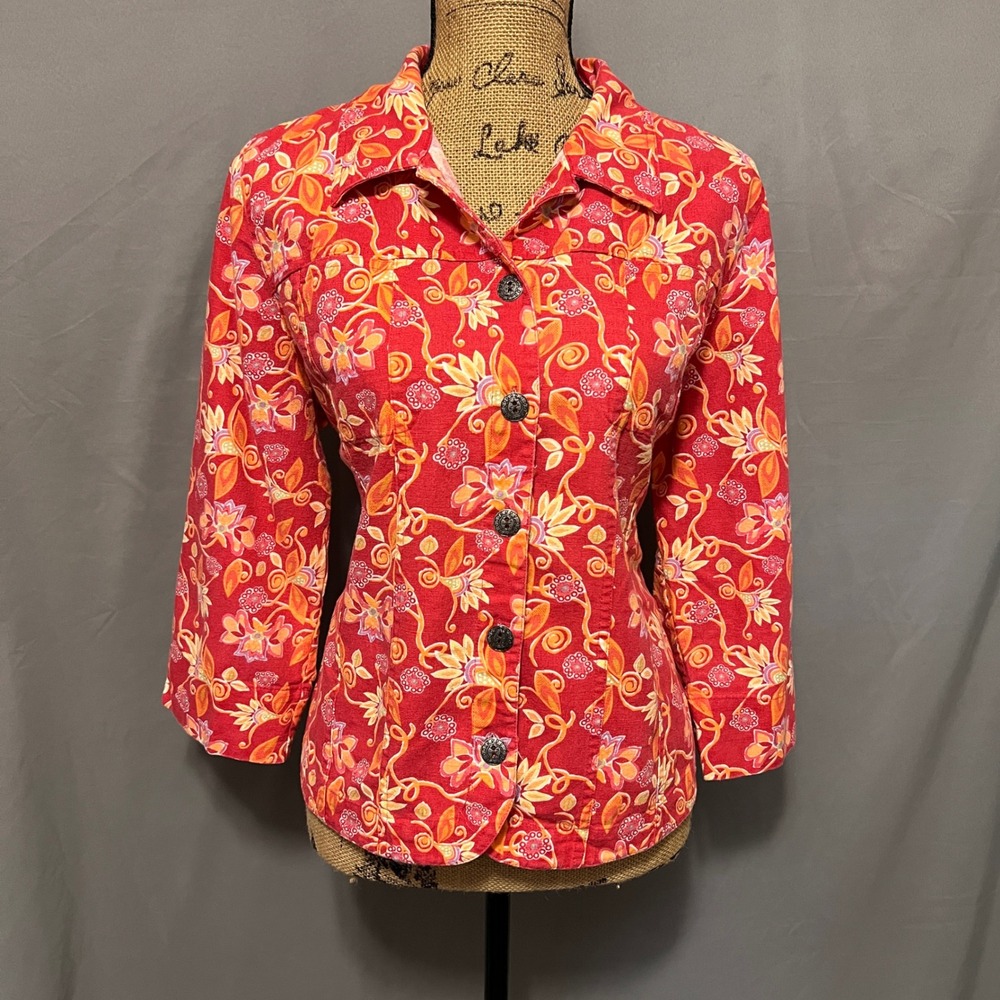 Christopher & Banks Red Floral Printβ Button Down Linen Blend Jacket Size Large